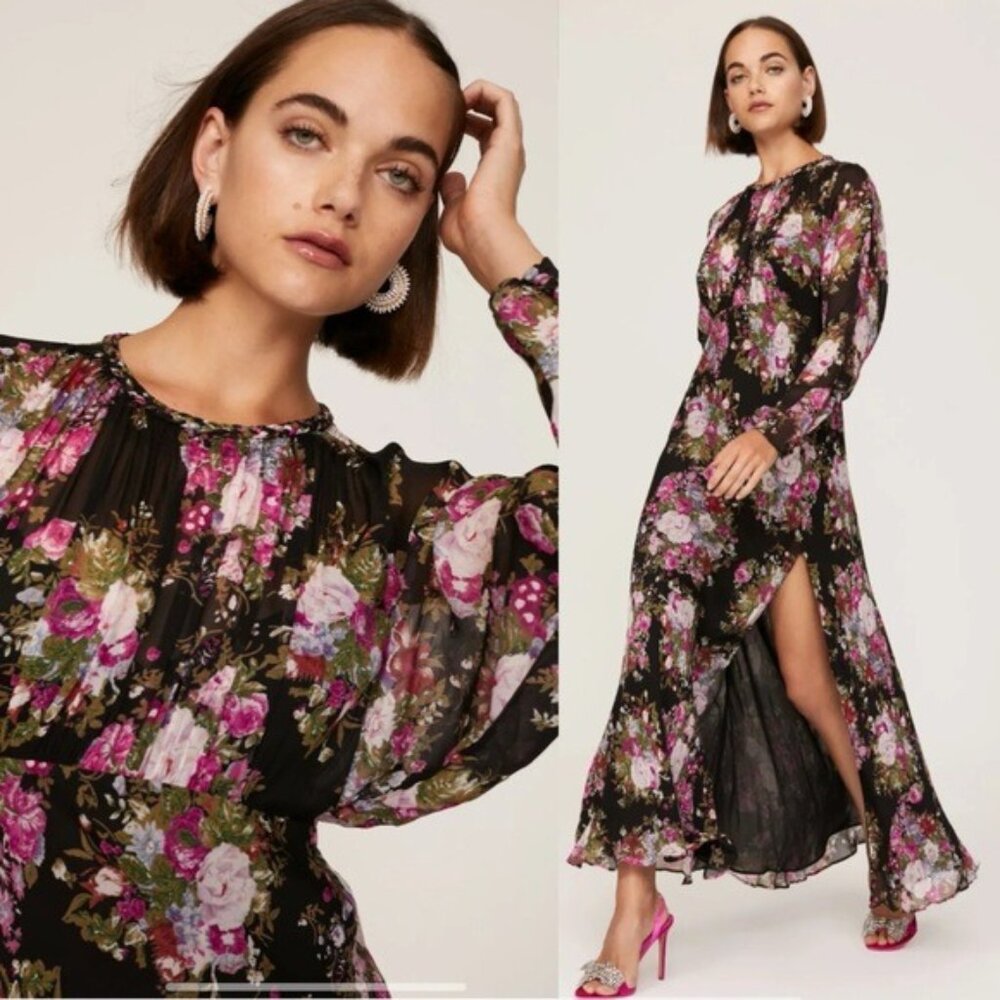 LoveShackFancy Daya Floral Maxi Dress 2 Midnight Muse Slit Pleated Long Sleeve